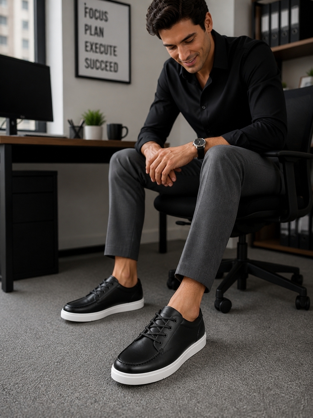 Classic Black Leather Low-Top Sneakers with White Sole